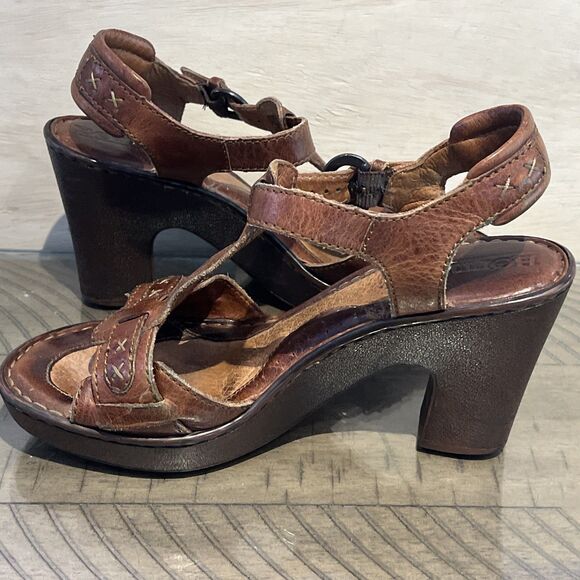 BORN Leather Sandals Heels Strappy Platform BOHO Brown Womens Size 7 buckle leat - Picture 5 of 9